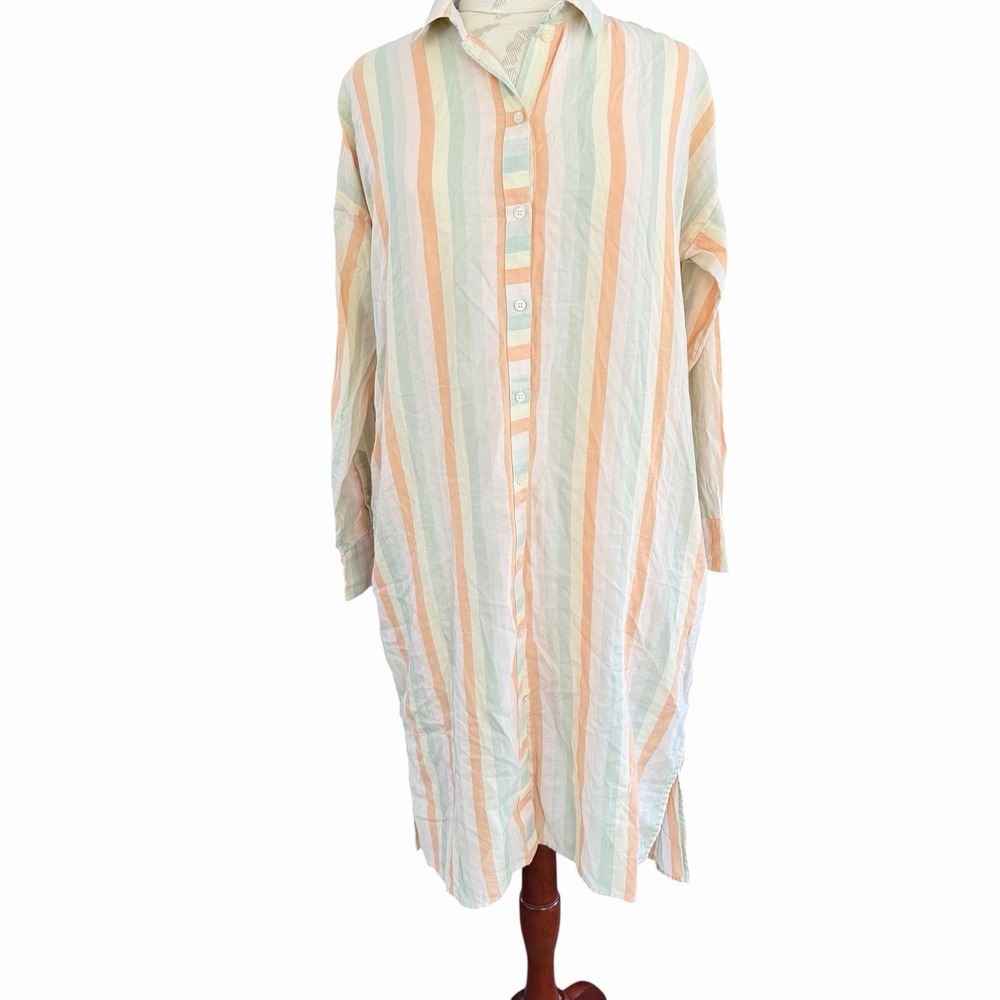Madewell Stripe Midi Oversized Shirt Dress Women XS Pastel Button Up Minimalist